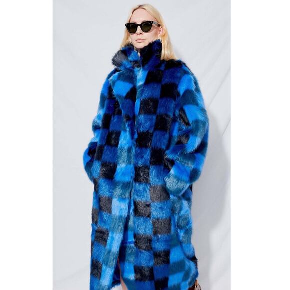 STAND STUDIO Women's Mio Blue Black Checkered Faux Fur Trench Coat Size XS - Picture 4 of 7